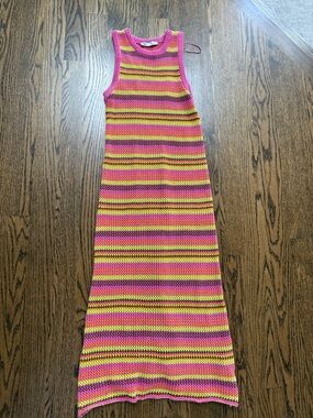 Zara Pink Yellow Striped Knit Midi Dress